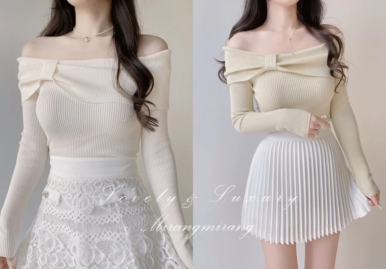 リブオフショルダーリボン長袖スリムニット | mirangmirang | 詳細画像1