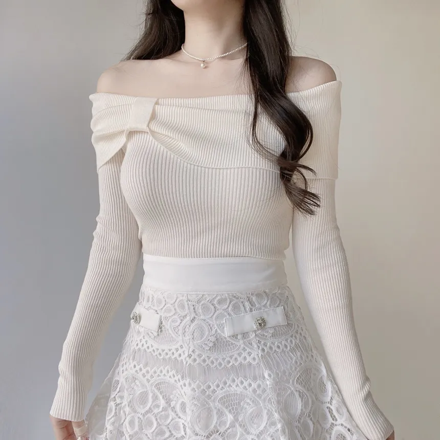 リブオフショルダーリボン長袖スリムニット | mirangmirang | 詳細画像2