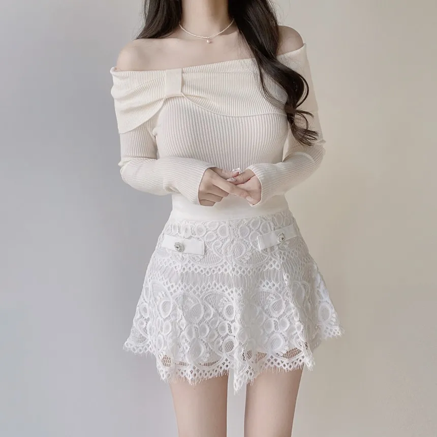 リブオフショルダーリボン長袖スリムニット | mirangmirang | 詳細画像3