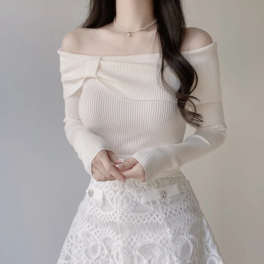 リブオフショルダーリボン長袖スリムニット | mirangmirang | 詳細画像7