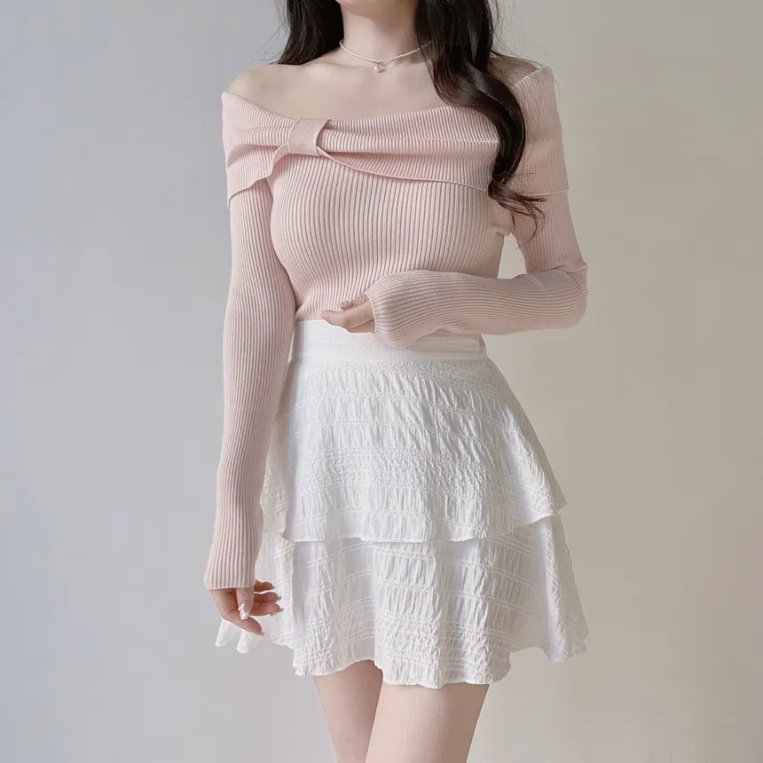 リブオフショルダーリボン長袖スリムニット | mirangmirang | 詳細画像10