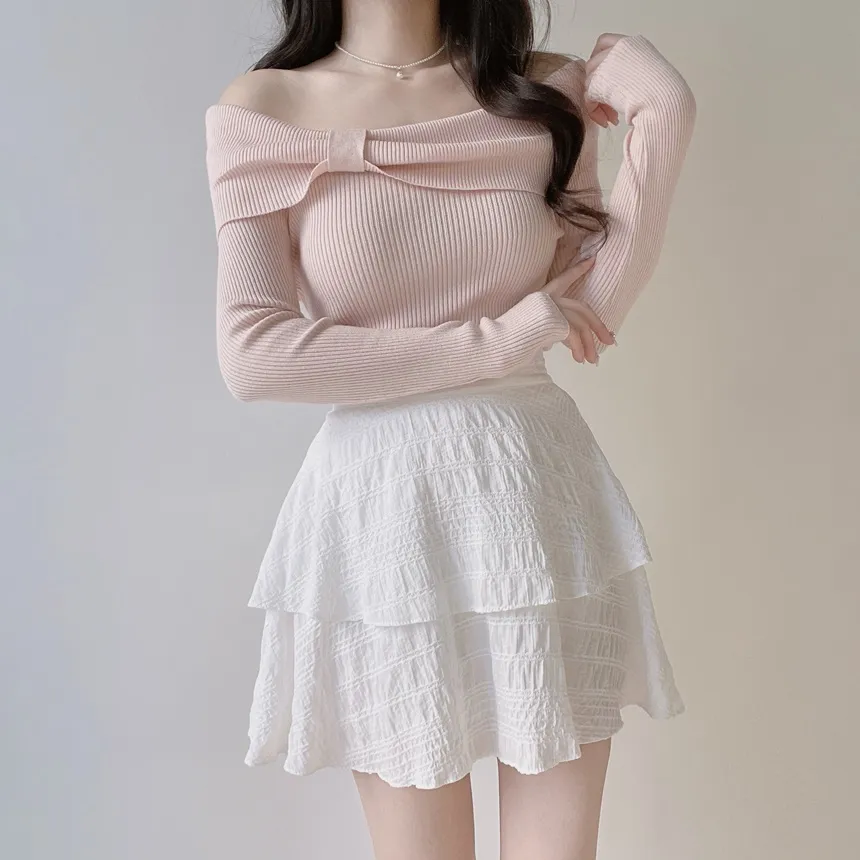 リブオフショルダーリボン長袖スリムニット | mirangmirang | 詳細画像12