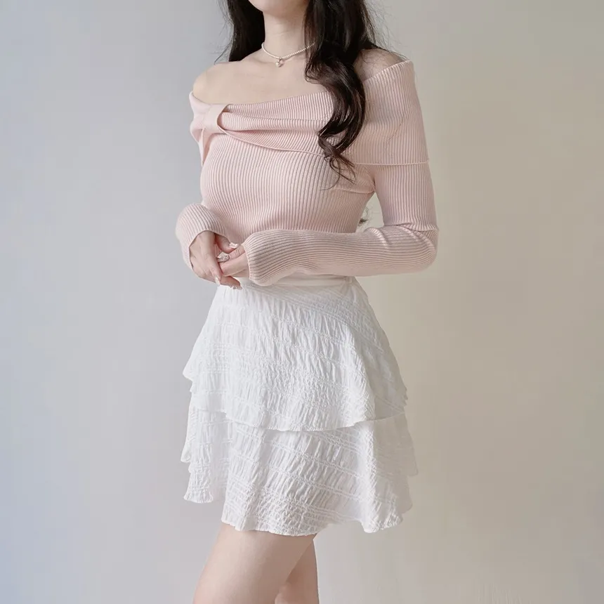 リブオフショルダーリボン長袖スリムニット | mirangmirang | 詳細画像16