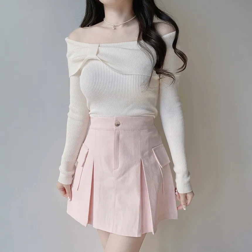 リブオフショルダーリボン長袖スリムニット | mirangmirang | 詳細画像18