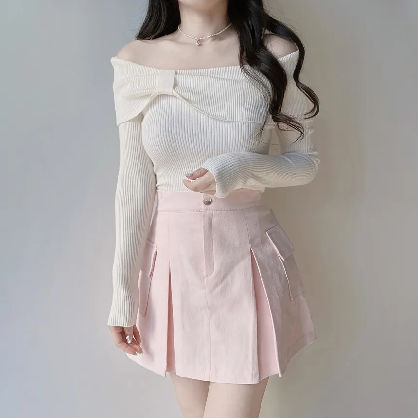 リブオフショルダーリボン長袖スリムニット | mirangmirang | 詳細画像19