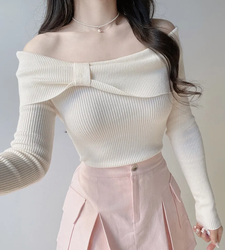 リブオフショルダーリボン長袖スリムニット | mirangmirang | 詳細画像23