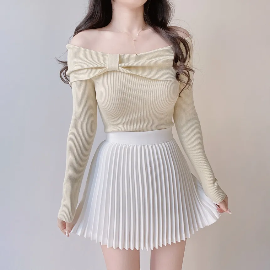 リブオフショルダーリボン長袖スリムニット | mirangmirang | 詳細画像24