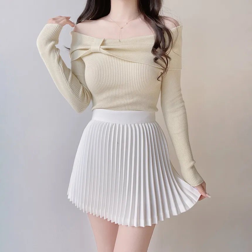 リブオフショルダーリボン長袖スリムニット | mirangmirang | 詳細画像28