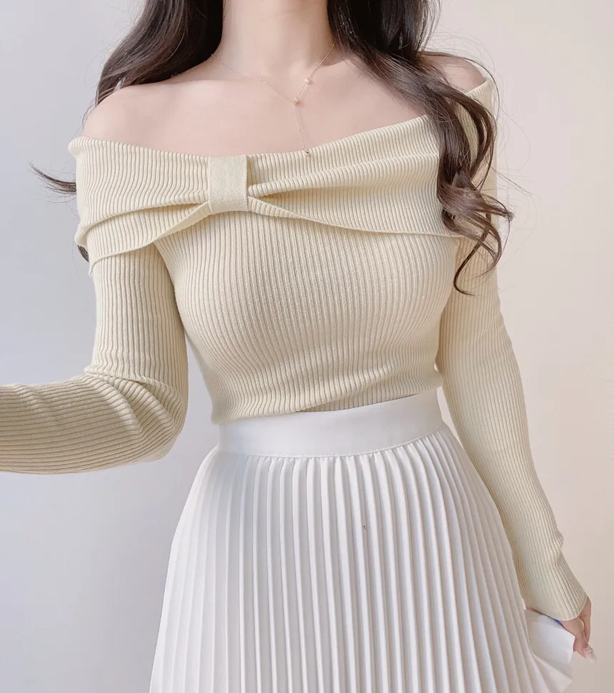 リブオフショルダーリボン長袖スリムニット | mirangmirang | 詳細画像29