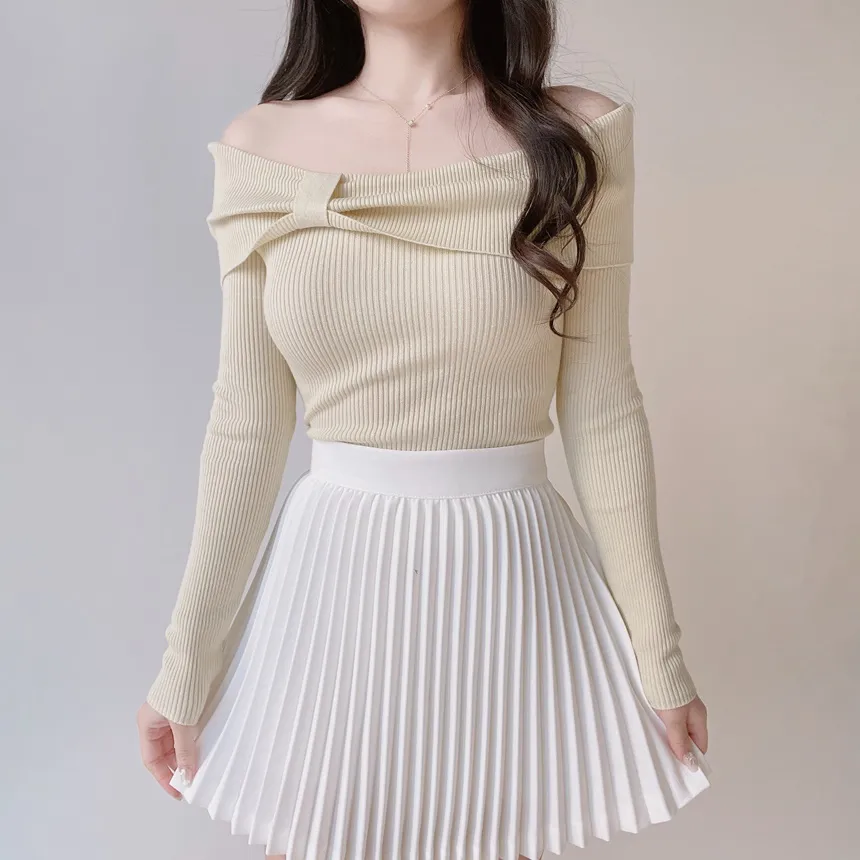 リブオフショルダーリボン長袖スリムニット | mirangmirang | 詳細画像30