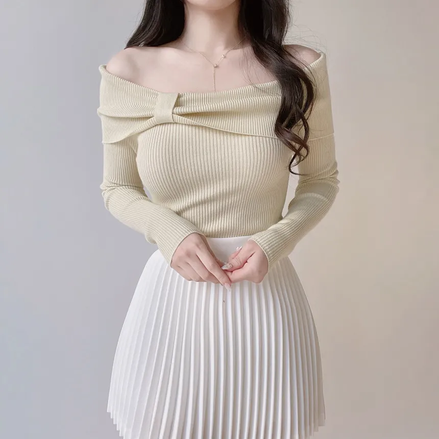 リブオフショルダーリボン長袖スリムニット | mirangmirang | 詳細画像31