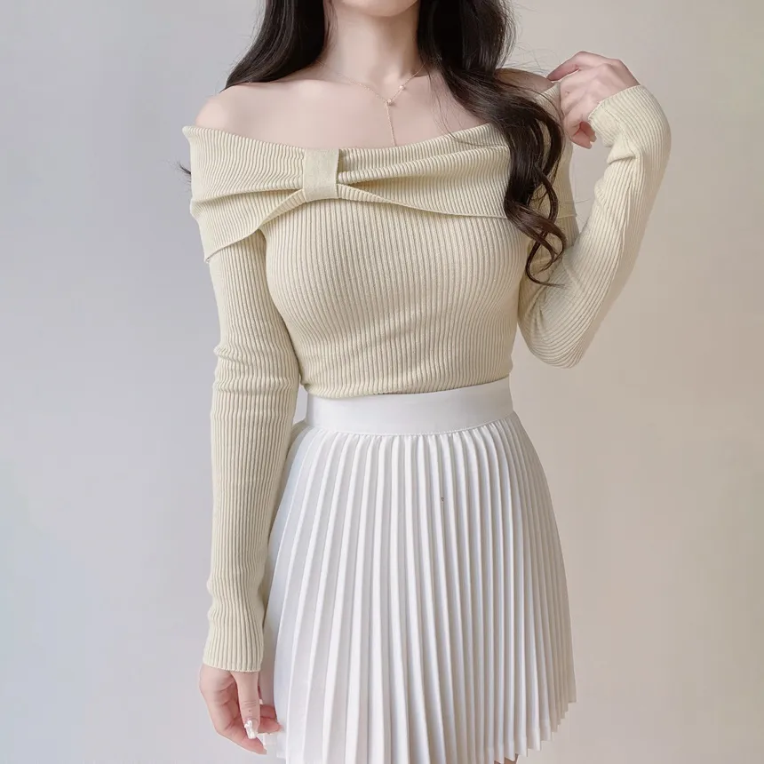 リブオフショルダーリボン長袖スリムニット | mirangmirang | 詳細画像32