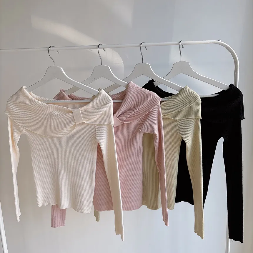 リブオフショルダーリボン長袖スリムニット | mirangmirang | 詳細画像33