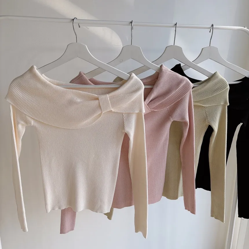 リブオフショルダーリボン長袖スリムニット | mirangmirang | 詳細画像34