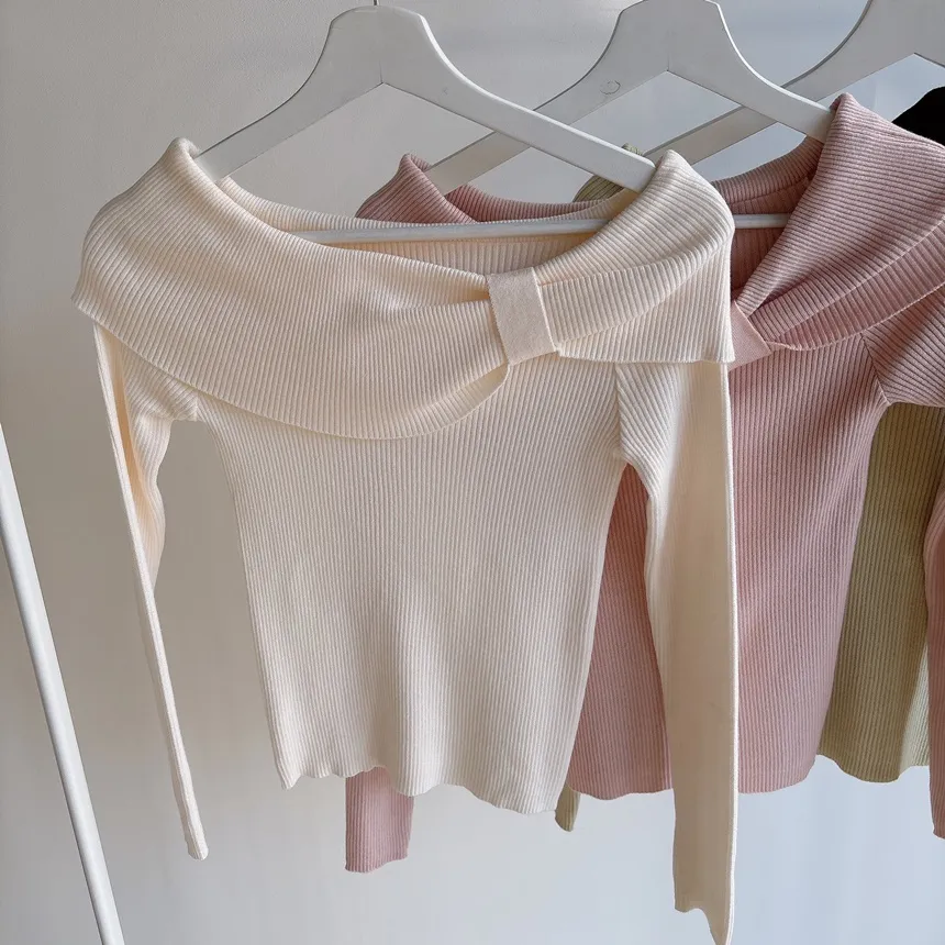 リブオフショルダーリボン長袖スリムニット | mirangmirang | 詳細画像35