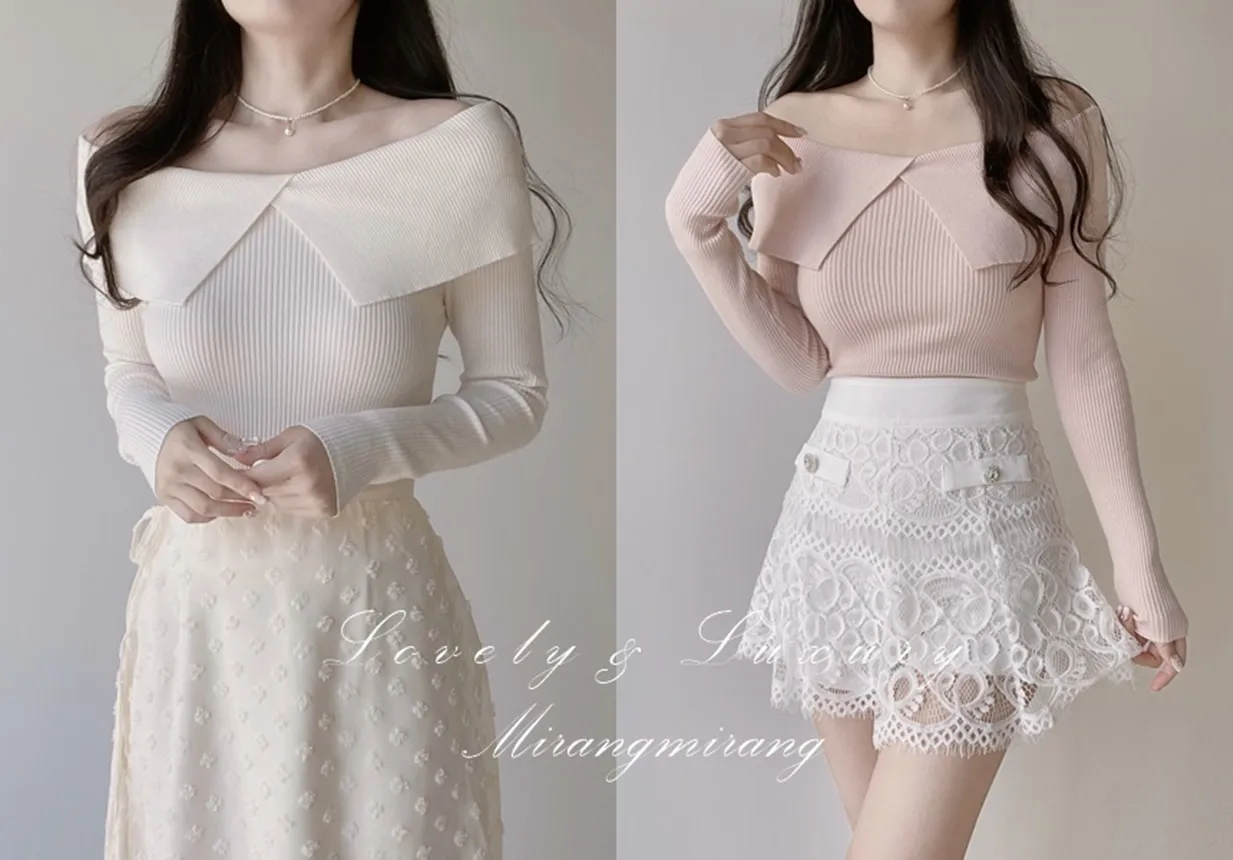 リブオフショルダースリム長袖ニット | mirangmirang | 詳細画像1