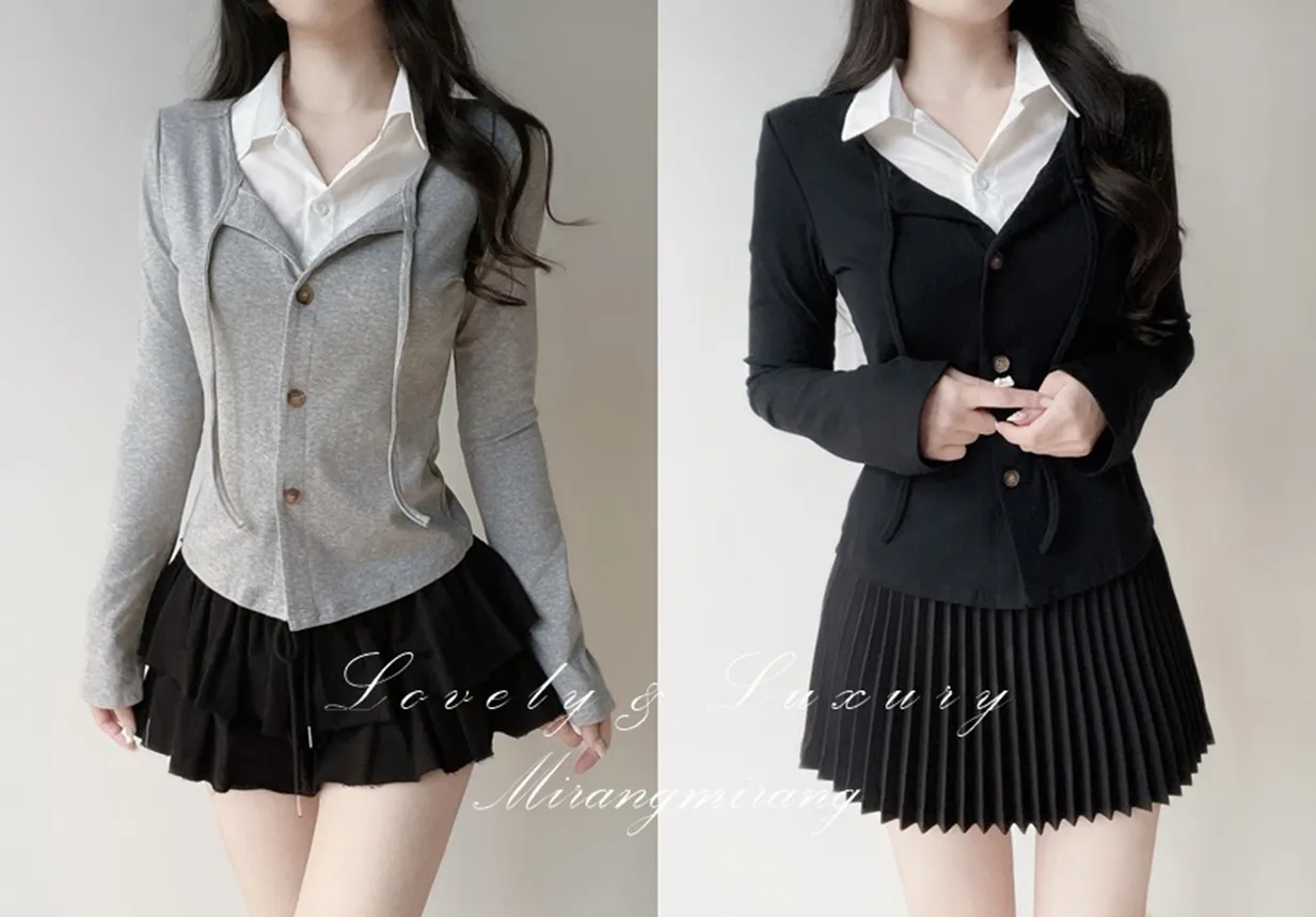 リボン(固定)ボタンカラーレイヤード風長袖カーディガン | mirangmirang | 詳細画像1