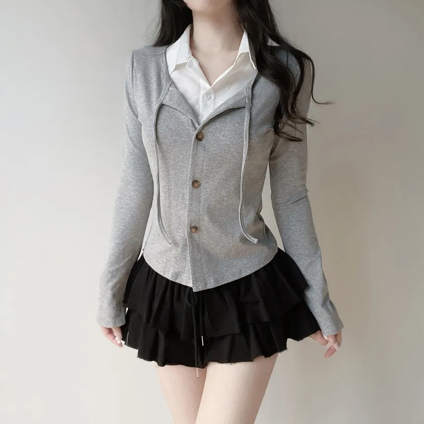 リボン(固定)ボタンカラーレイヤード風長袖カーディガン | mirangmirang | 詳細画像2