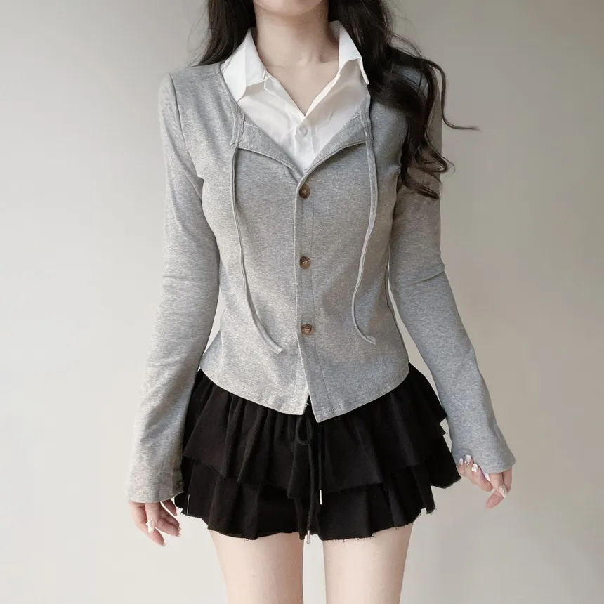 リボン(固定)ボタンカラーレイヤード風長袖カーディガン | mirangmirang | 詳細画像4