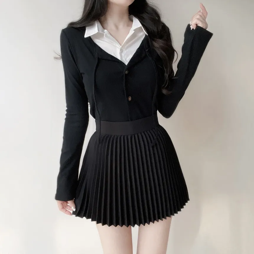 リボン(固定)ボタンカラーレイヤード風長袖カーディガン | mirangmirang | 詳細画像9