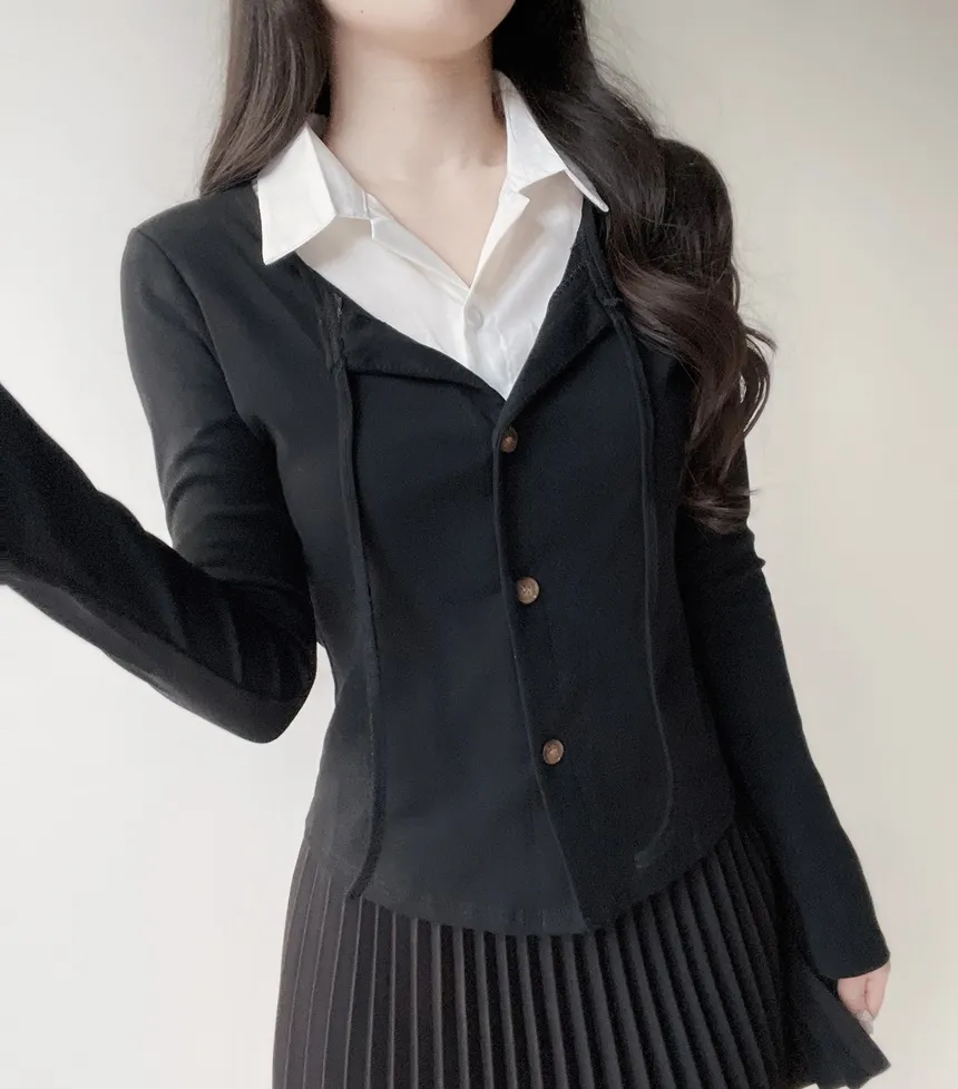 リボン(固定)ボタンカラーレイヤード風長袖カーディガン | mirangmirang | 詳細画像14