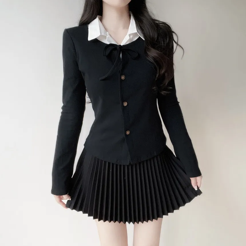 リボン(固定)ボタンカラーレイヤード風長袖カーディガン | mirangmirang | 詳細画像17