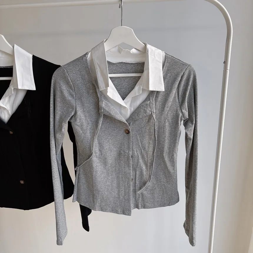 リボン(固定)ボタンカラーレイヤード風長袖カーディガン | mirangmirang | 詳細画像19