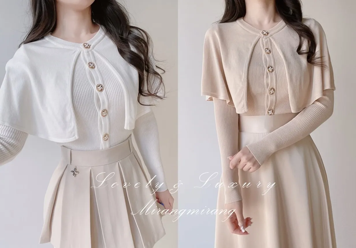 リブラウンドネックケープ長袖ニット | mirangmirang | 詳細画像1