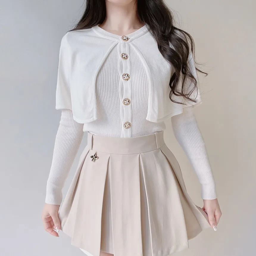 リブラウンドネックケープ長袖ニット | mirangmirang | 詳細画像7