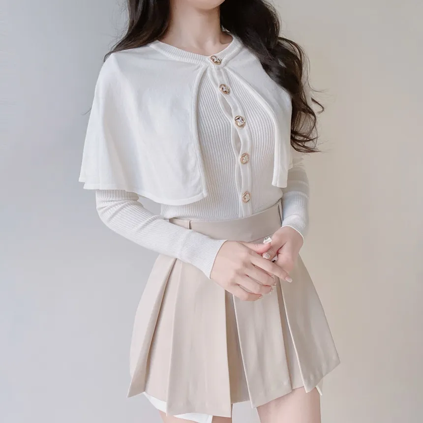 リブラウンドネックケープ長袖ニット | mirangmirang | 詳細画像8