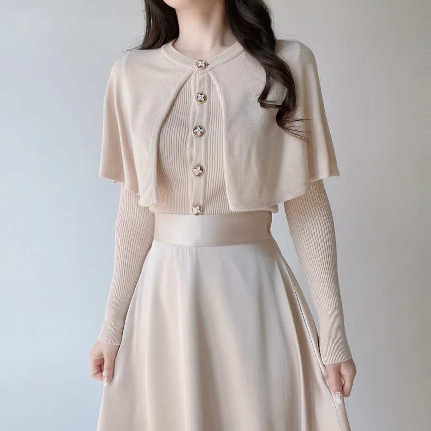 リブラウンドネックケープ長袖ニット | mirangmirang | 詳細画像11