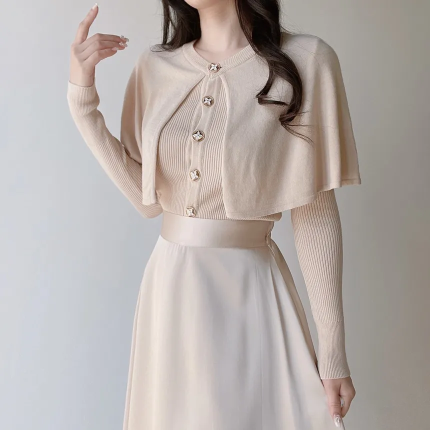 リブラウンドネックケープ長袖ニット | mirangmirang | 詳細画像14