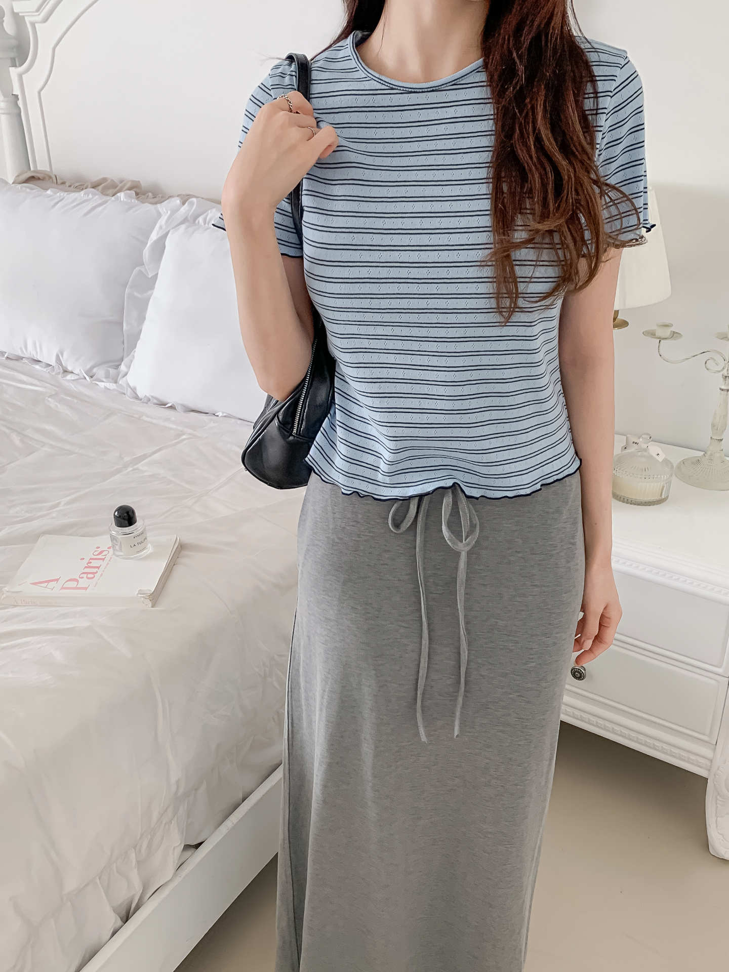 ラウンドネックベーシック半袖ボーダー配色Tシャツ | 詳細画像9