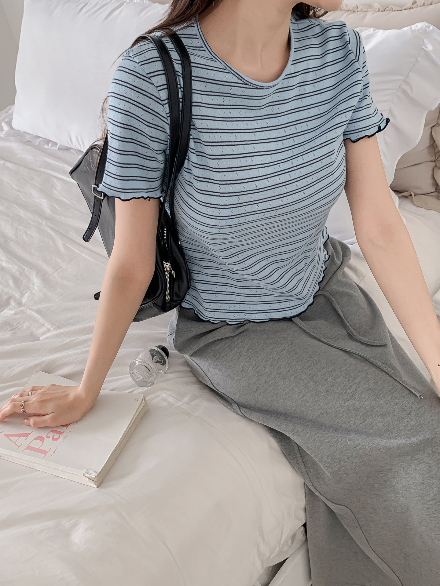 ラウンドネックベーシック半袖ボーダー配色Tシャツ | 詳細画像14