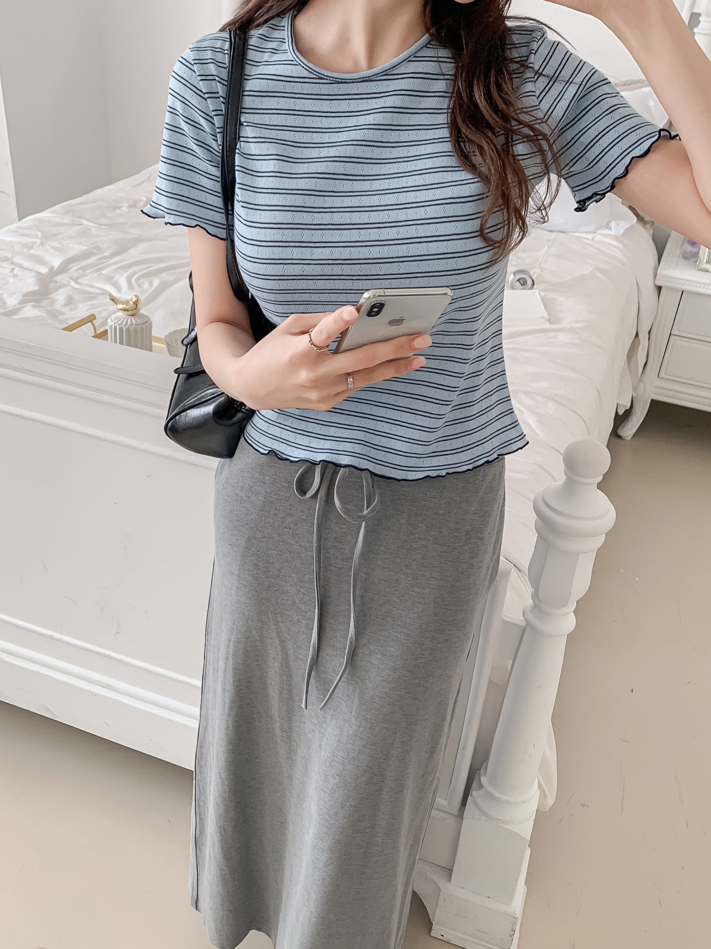 ラウンドネックベーシック半袖ボーダー配色Tシャツ | 詳細画像15