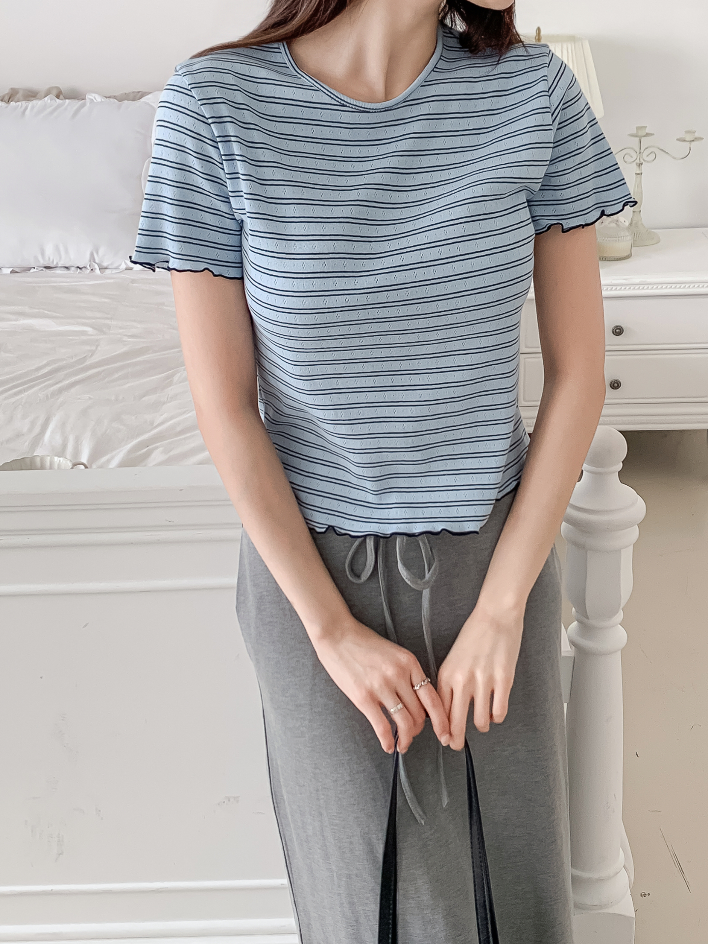 ラウンドネックベーシック半袖ボーダー配色Tシャツ | 詳細画像16