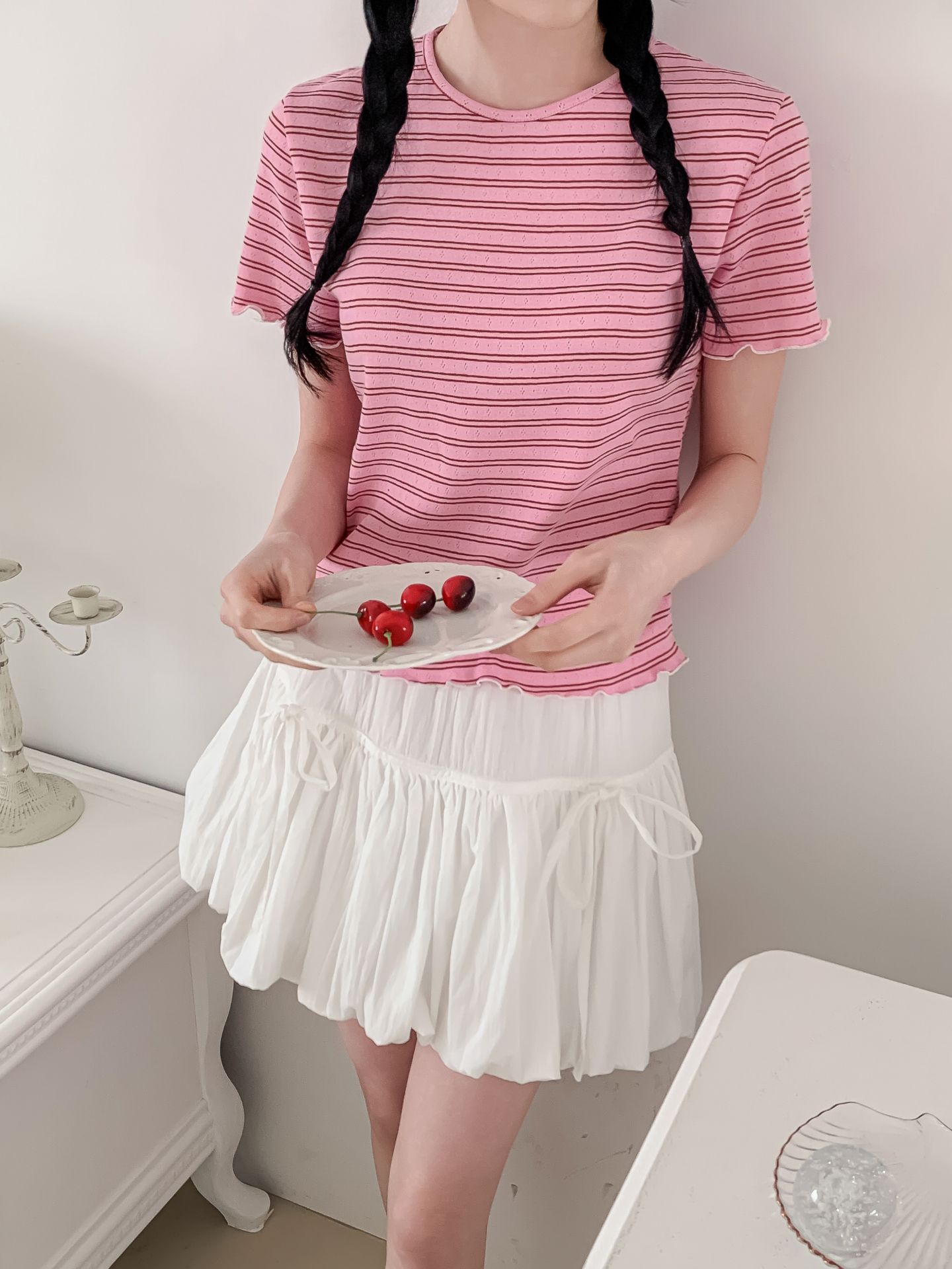 ラウンドネックベーシック半袖ボーダー配色Tシャツ | 詳細画像34