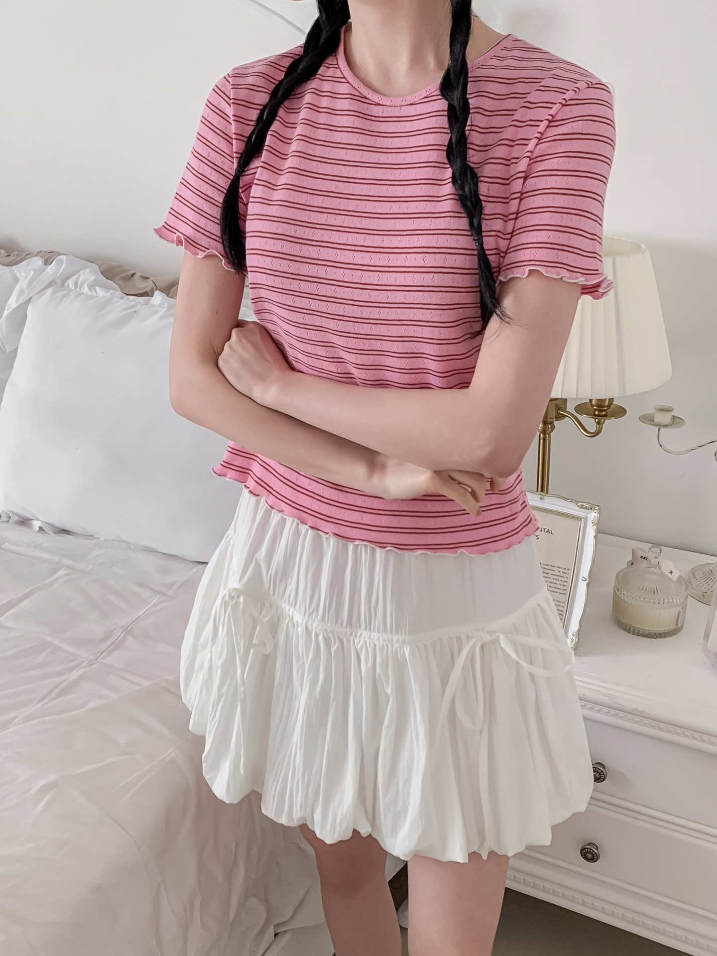 ラウンドネックベーシック半袖ボーダー配色Tシャツ | 詳細画像19