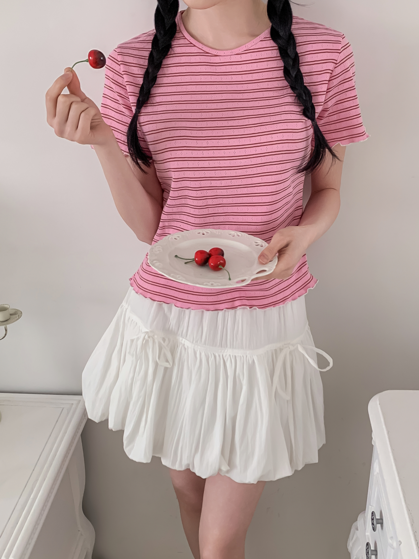 ラウンドネックベーシック半袖ボーダー配色Tシャツ | 詳細画像17