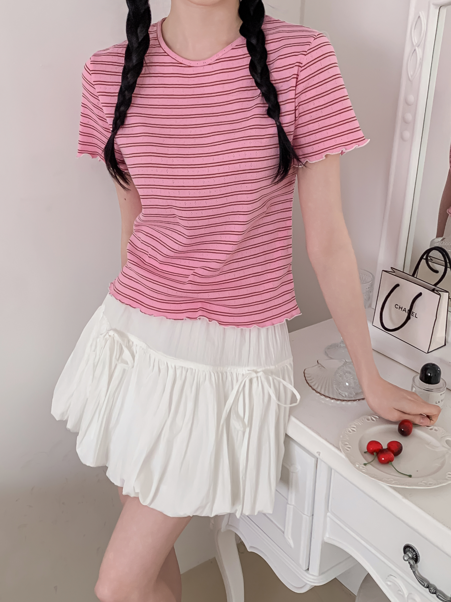 ラウンドネックベーシック半袖ボーダー配色Tシャツ | 詳細画像23