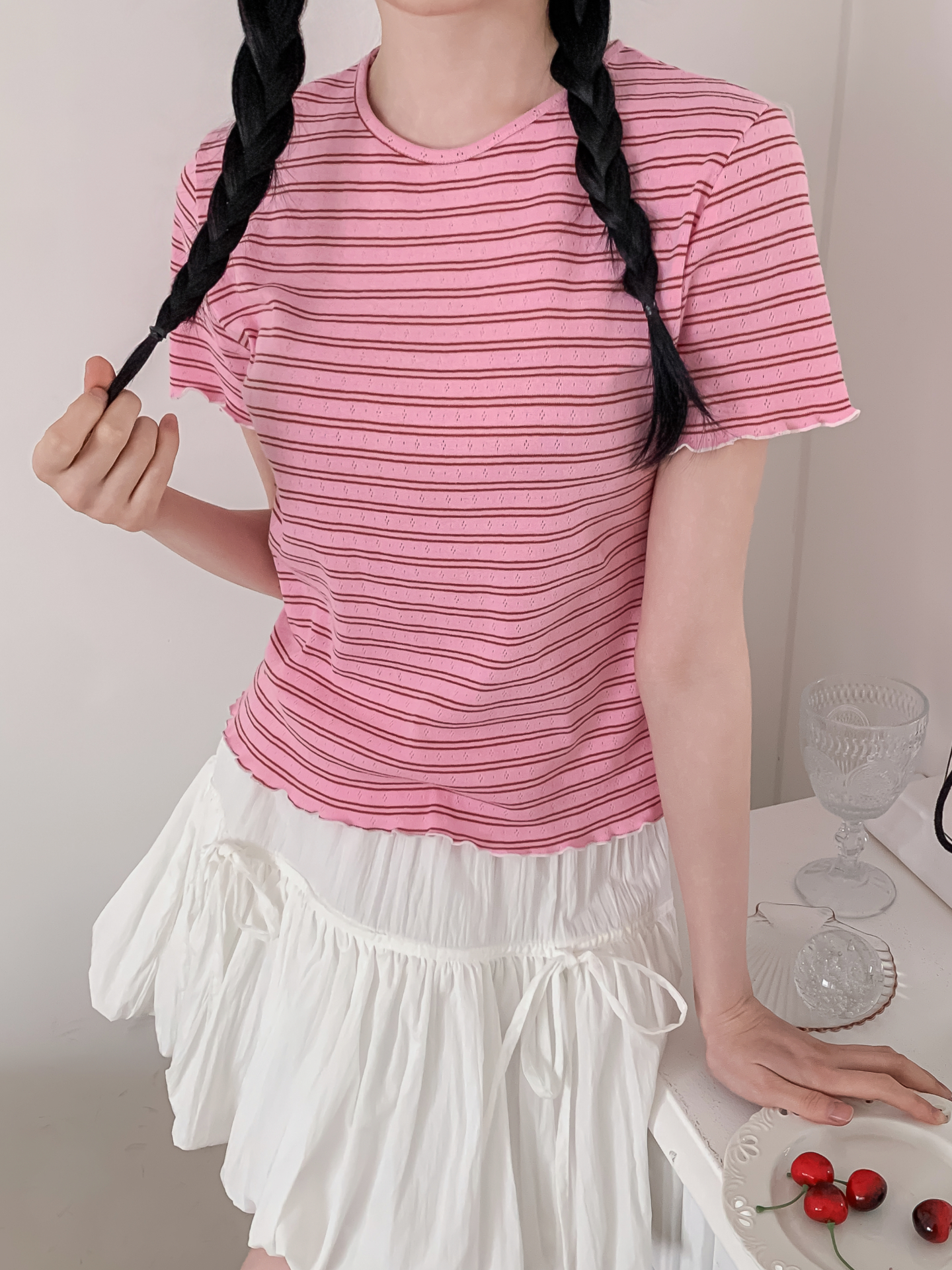 ラウンドネックベーシック半袖ボーダー配色Tシャツ | 詳細画像24