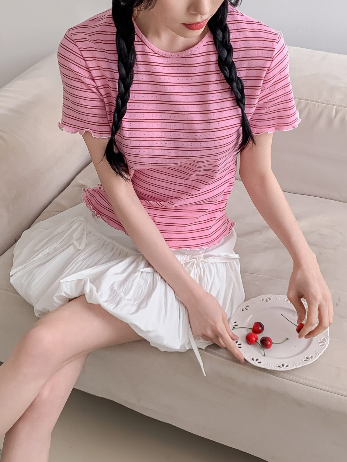 ラウンドネックベーシック半袖ボーダー配色Tシャツ | 詳細画像30