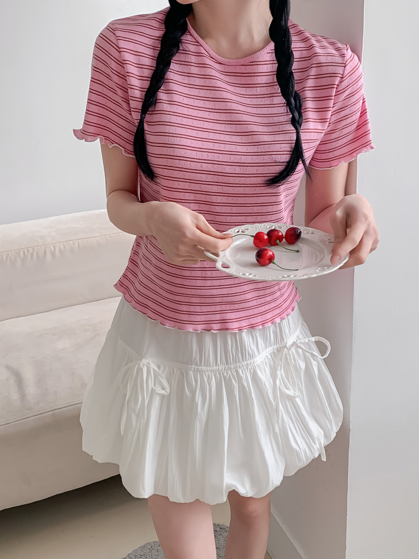 ラウンドネックベーシック半袖ボーダー配色Tシャツ | 詳細画像31