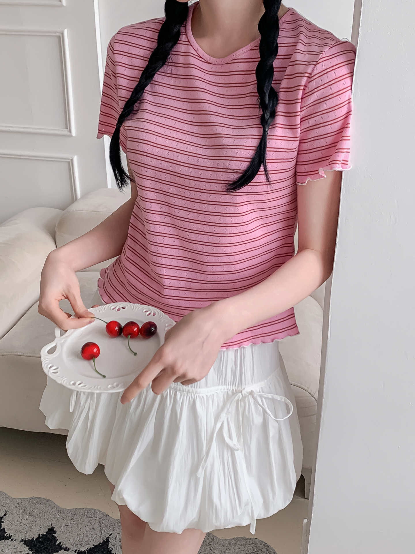 ラウンドネックベーシック半袖ボーダー配色Tシャツ | 詳細画像32