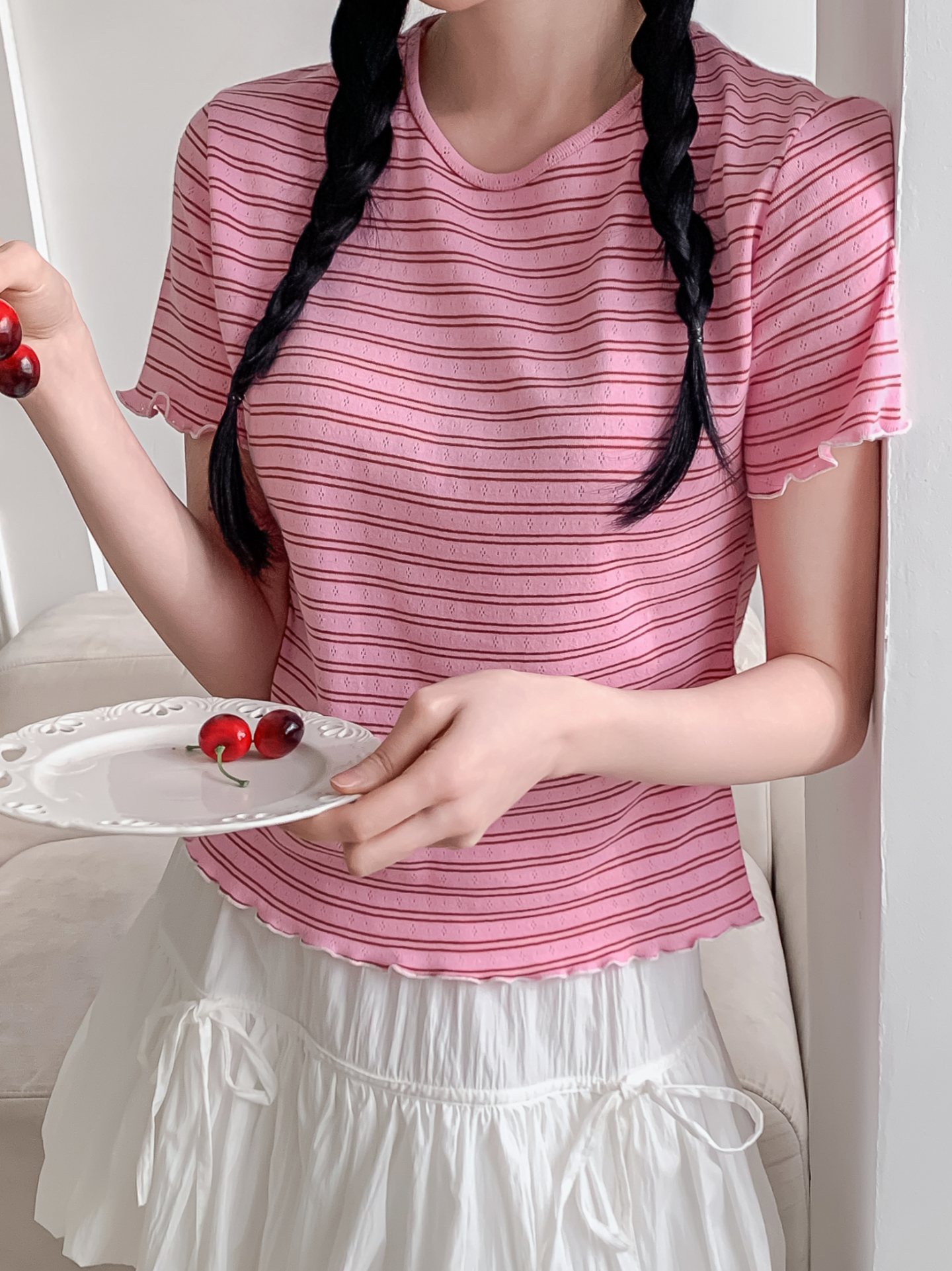 ラウンドネックベーシック半袖ボーダー配色Tシャツ | 詳細画像33