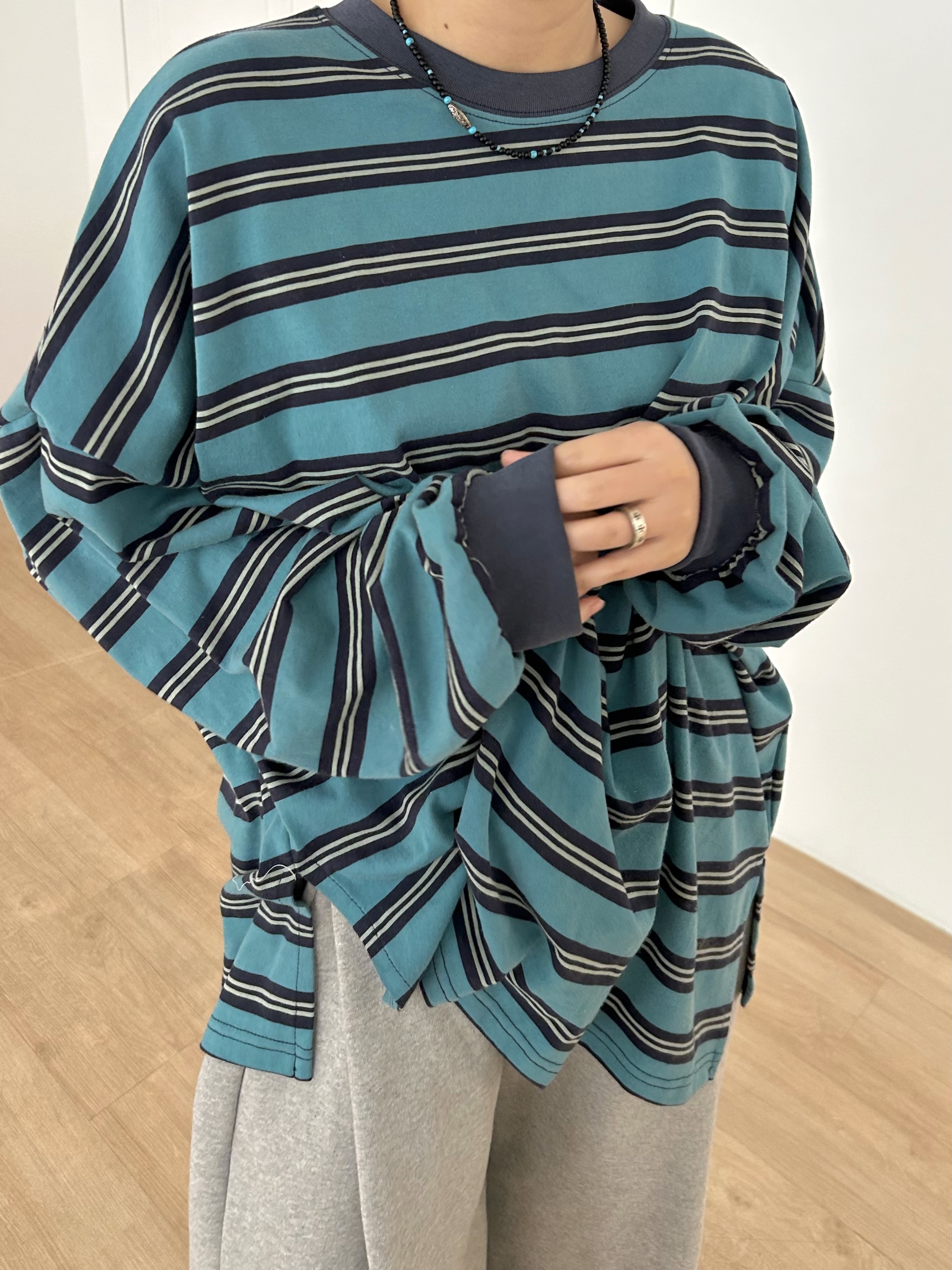 コットンラウンドネックベーシックボクシールーズ長袖ボーダー配色Tシャツ | 詳細画像6