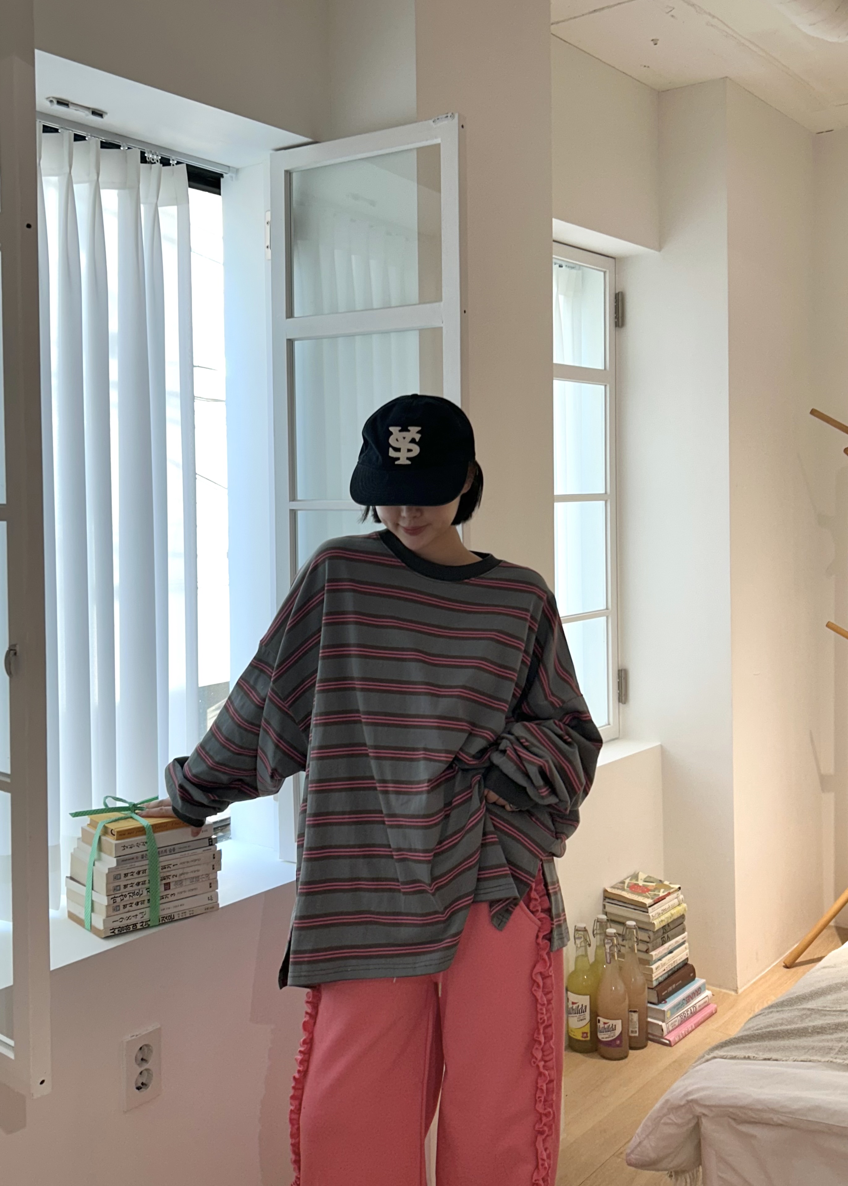 コットンラウンドネックベーシックボクシールーズ長袖ボーダー配色Tシャツ | 詳細画像11