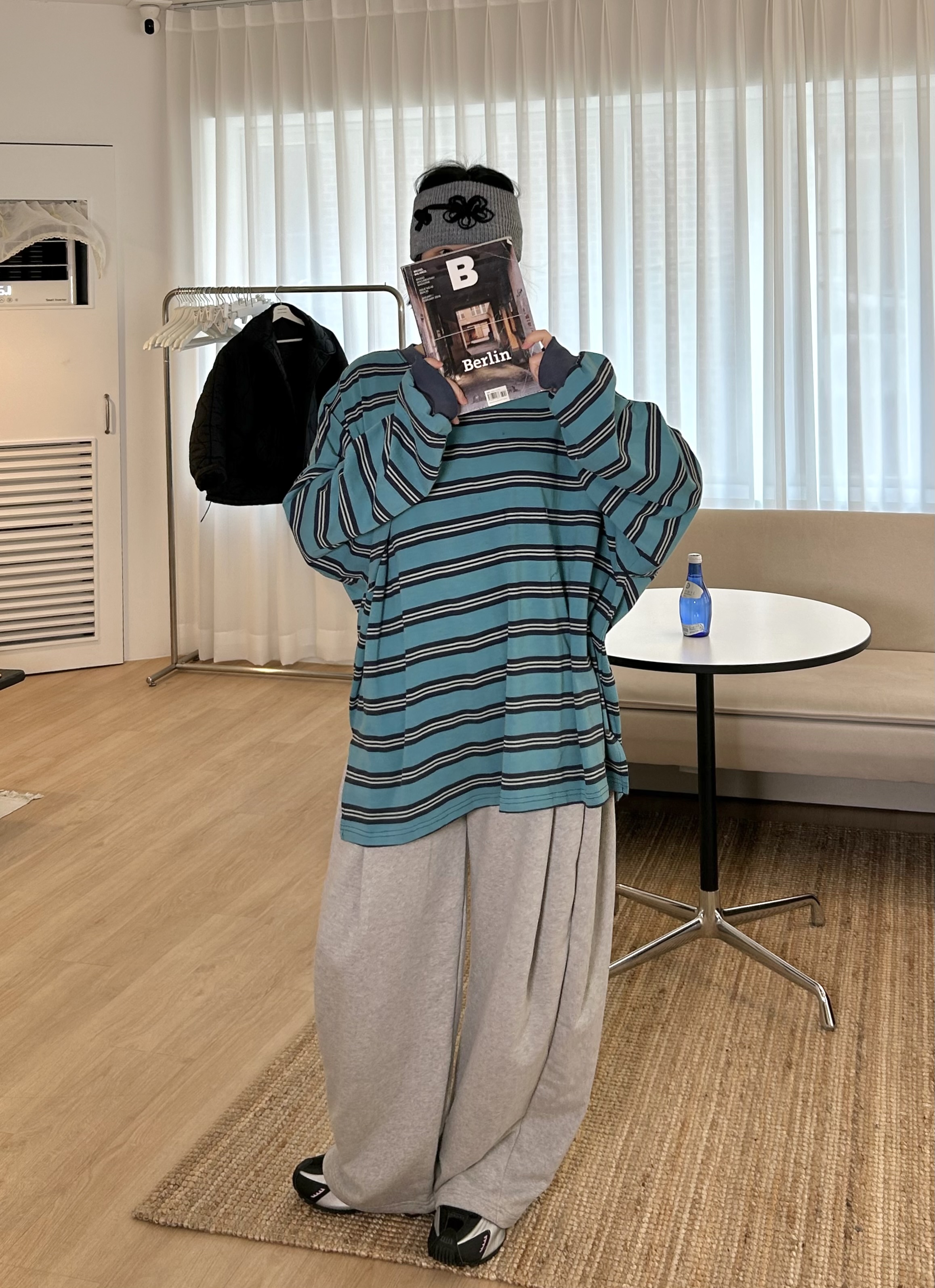 コットンラウンドネックベーシックボクシールーズ長袖ボーダー配色Tシャツ | 詳細画像5