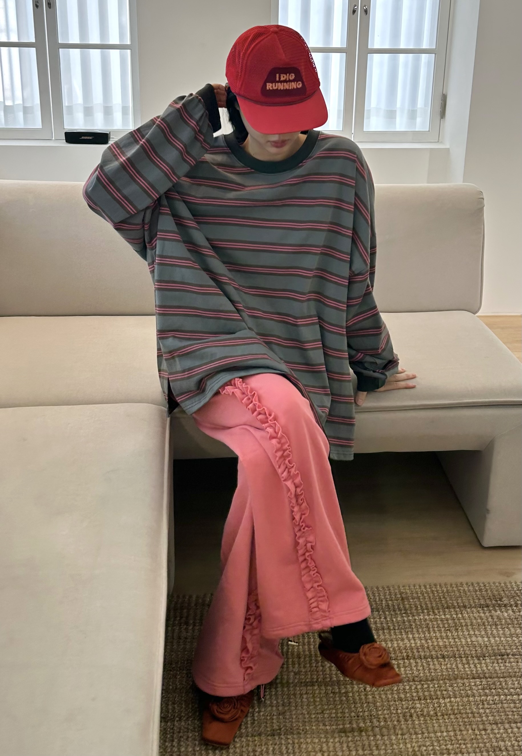 コットンラウンドネックベーシックボクシールーズ長袖ボーダー配色Tシャツ | 詳細画像10