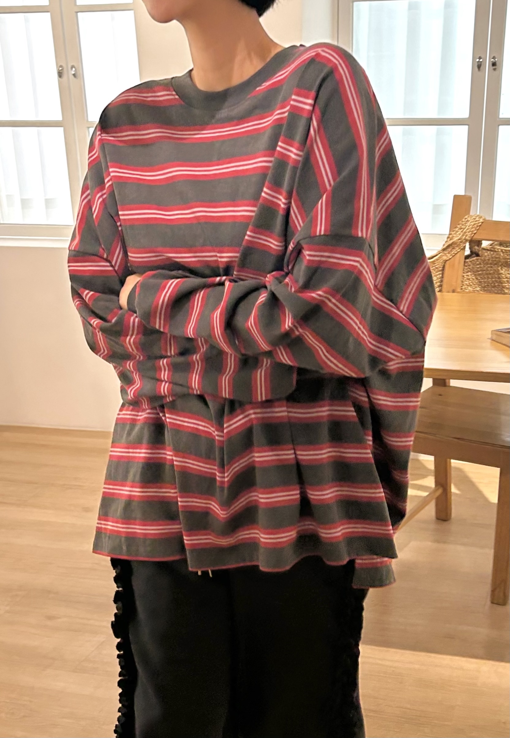 コットンラウンドネックベーシックボクシールーズ長袖ボーダー配色Tシャツ | 詳細画像15